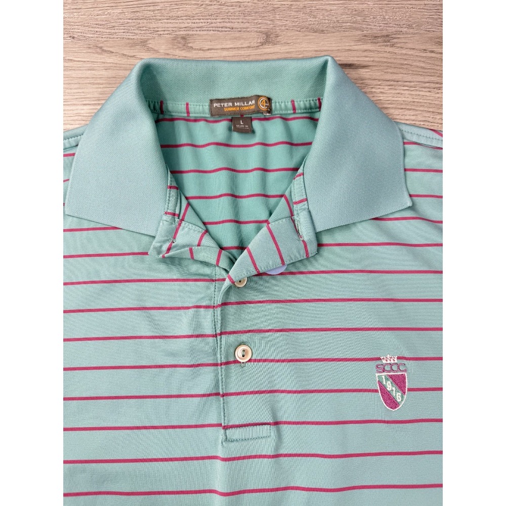 Peter Millar Polo Shirt Mens L Pink Blue Skulls All Over Print Summer Comfort